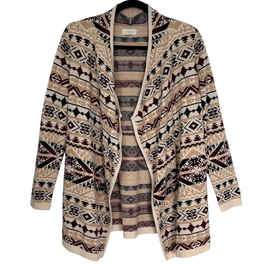 LUCKY BRAND Women’s Cardigan Aztec/Boho Jacquard Open Front Long Sleeve Knit SP